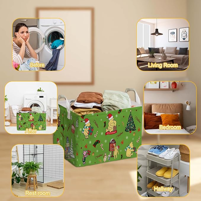 Winnie Theme Christmas Baskets Decor,the Pooh Baby Stuff, Large Square Canvas Baby Laundry Hamper with A Waterproof PE Coating,Foldable Storage Bin for Toys and Clothes - Image 4
