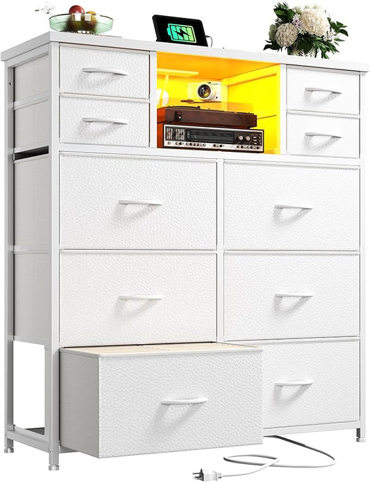 Romorgniz White Dresser for Bedroom with 10 Drawers Featuring LED Light and Power Outlet, Fabric Dressers & Chest of Drawers with Open Shelves for Hallway, Living Room, Steel Frame,Wood Top