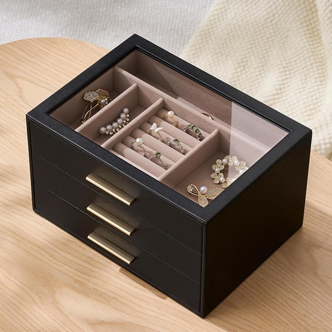 pickpiff Jewelry Box Organizer Case for Women: 3-Layer Jewelry Storage Case with Glass Window, Black Leather with Blush Velvet, Holder for Ring Necklace Bracelet Brooch Watch, Great Gift for Her - Image 4