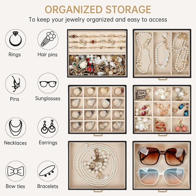 AKOZLIN 6-Tier Jewelry Box Organizer Functional 5 Drawers Leather Jewelry Storage Case for Women Girls Ring Necklace Earring Bracelet Holder Organizer with Mirror Black - Image 3