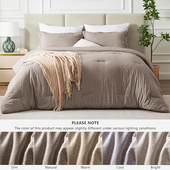 CozyLux King Size Comforter Set - 3 Pieces Khaki Soft Luxury Cationic Dyeing Bedding Comforter for All Season, Breathable Lightweight Fluffy Bed Sets with 1 Comforter and 2 Pillow Shams