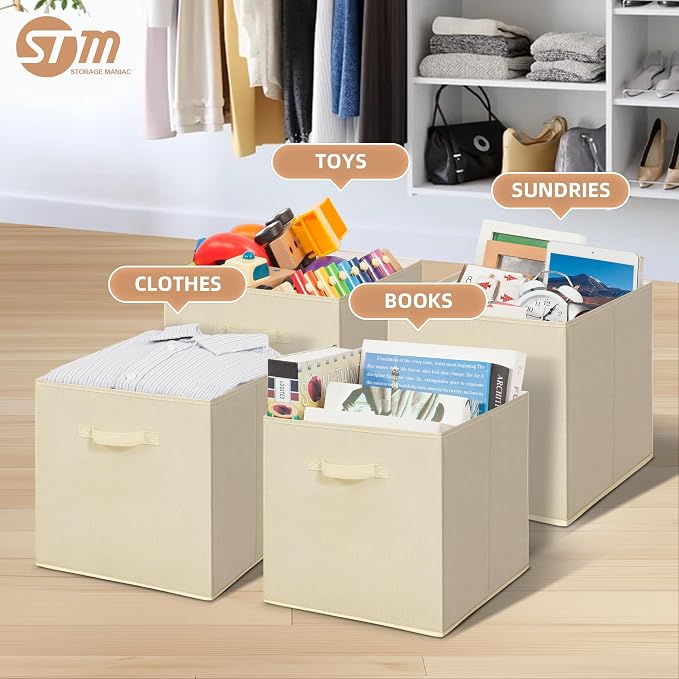 STORAGE MANIAC Storage Cubes, 13 Inch Collapsible Storage Bins with Handles, 4 Pack Fabric Foldable Bins for Organization, Durable Storage Bins for Closet, Shelves, Offices, Toys, 4-Pack Beige - Image 2