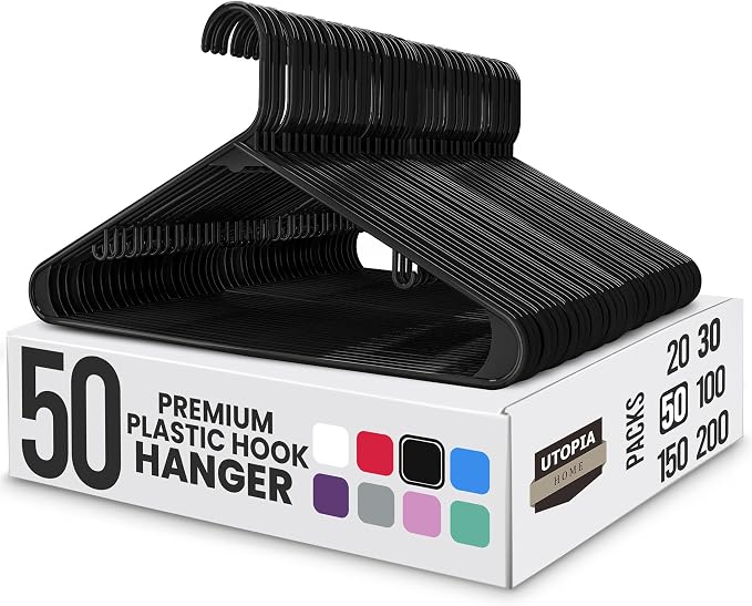 Utopia Home Plastic Hangers 50 Pack - Space Saving Clothes Hanger - Durable & Strong Closet Organizers and Storage with Built-in Strap Hooks - Essential for Shirts, Pants, Skirts & Coats (Black) by UTOPIAHOME