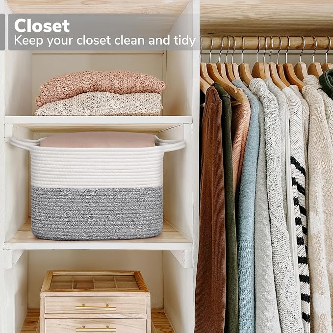 Goodpick Woven Storage Basket, Cotton Rope Baskets for Organizing, Closet Storage Bins with Handles, Small Laundry Basket for Clothes, Towels and Shoes, 13''x10''x9'', Gray and White - Image 5