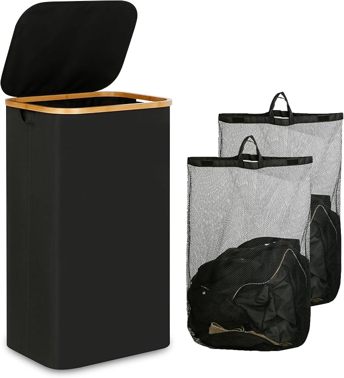 iEGrow Laundry Hamper with Lid, 110L Large Laundry Basket with Handle, Collapsible Clothes Basket Organizer with Removable 2 Inner Bag for Clothes Toys Towels - Black by iEGrow