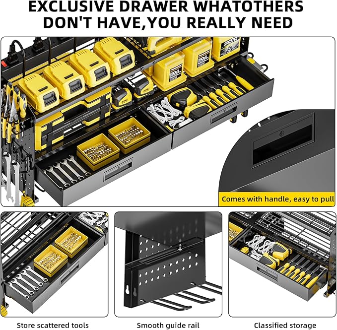 Power Tool Organizer Wall Mount Heavy Duty 400 lbs, 4 Layers Storage Rack with 9 Drill Holders & Battery Storage, Cordless Tool Organizer for Garage, Workshop & Tool Room - Image 2