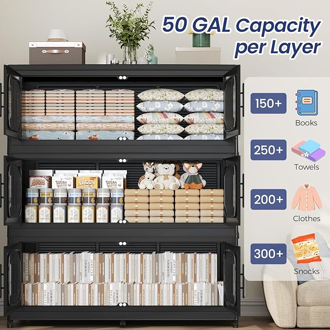 150Gal Extra Large Stackable Storage Bins with Lid & Wheels & Doors, 200QT/50GAL 3-Tiers Collapsible Closet Organizers Plastic Containers Drawers Boxes for Home Kitchen Bedroom, Black