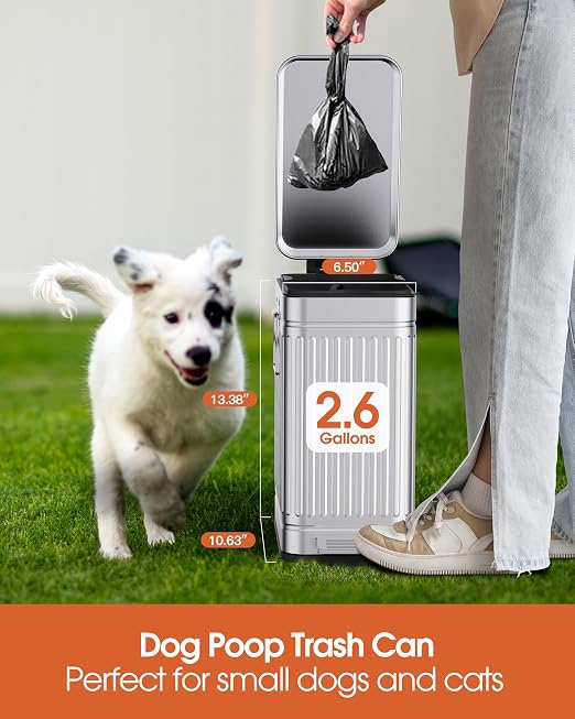 Small Trash Can with Lid Soft Close-10L/2.6 Gal Stainless Steel Outdoor Dog Poop Garbage Can-Metal Waste Bins with Pedal for Bathroom Bedroom Office-Silver - Image 4