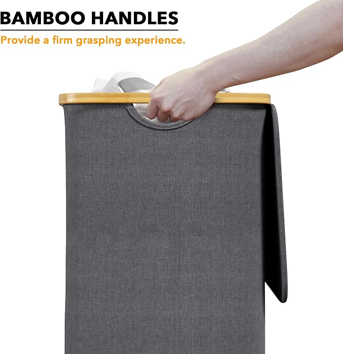 SpaceAid Laundry Hamper with Lid, 110L Large Tall Clothes Basket Bin with Bamboo Handles, Collapsible Laundry Hamper for Bedroom, Bathroom, Dorm, Laundry Room - Grey - Image 4
