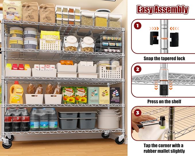 PrimeZone 5 Tier 48" Wx24''Dx81''H Wire Shelving with Wheels 3000lbs NSF Storage Shelves Heavy Duty Metal Shelf Adjustable Rolling Rack Commercial Garage Restaurant Warehouse Kitchen Chrome 8Pack - Image 5