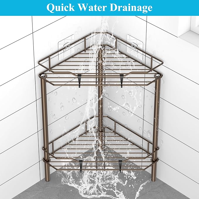 HuggieGems 2 Tier Floor Standing Corner Shower Caddy Organizer Shelf with Hooks, Bathroom Shelves Stand Rack, Bronze - Image 4