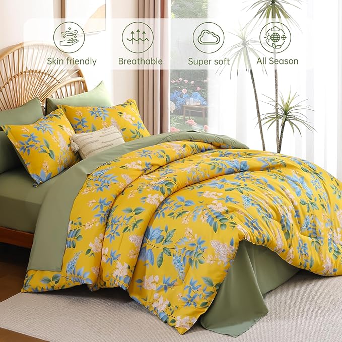 Cottolester Floral Comforter Set King Size,7-Piece Yellow Green Comforter Bed in A Bag,Botanical Comforter Set with Pillowcases,Soft Microfiber Complete Bedding Sets for All Season