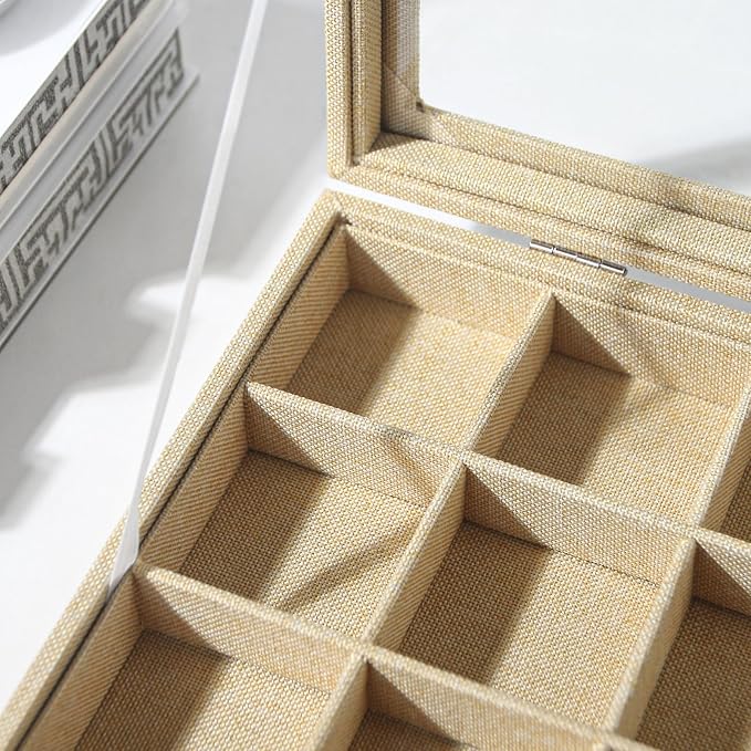 Coward Jewelry Organizer Box, Yellow Linen 24 Grids Ring Earring Jewelry Display Tray Case with Transparent Glass Lid for Home Drawer or Shop Selling - Image 2