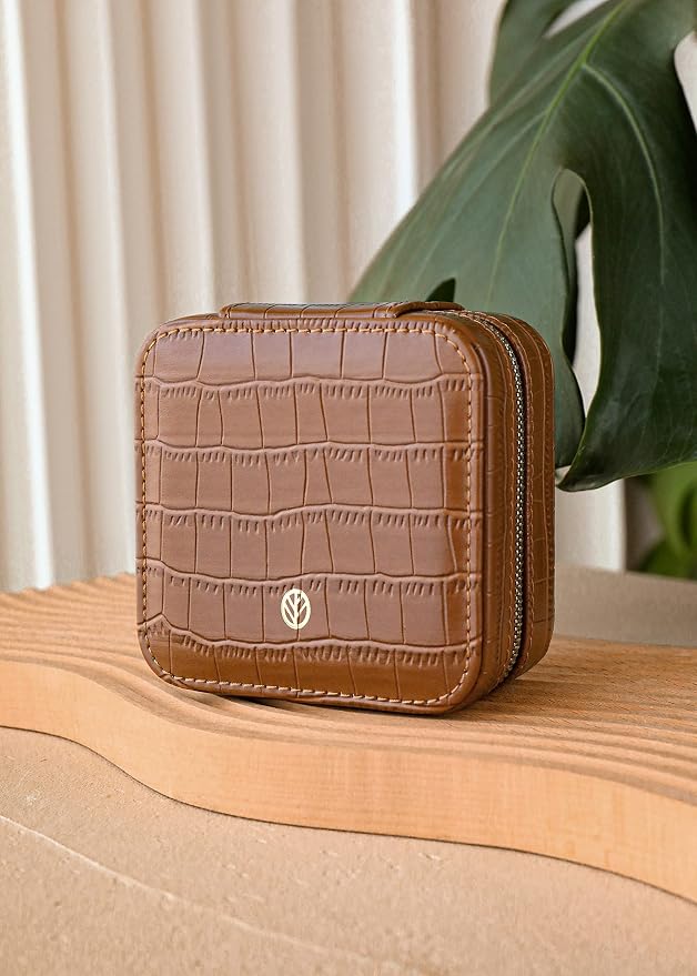 S.Leaf Travel Jewelry Organizer Boxes for Women Small Portable Necklace Earrings Bracelet Rings Travel Case Best Friend Birthday Gifts for Women Trendy (12_Pattern_Crocodile_Brown_01) - Image 2