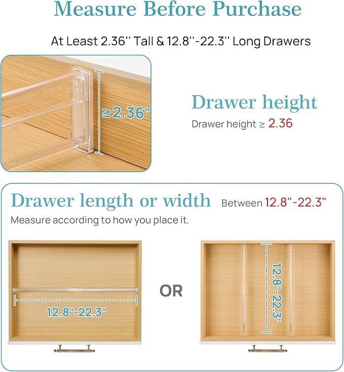 Vtopmart 2.36” Drawer Dividers with Expandable Inserts, 12.8"-22.3" Adjustable Kitchen Drawer Organizer, Clear Plastic Organizer Separator for Flatware, Utensil, Cutlery, 4 Dividers with 6 Inserts - Image 3