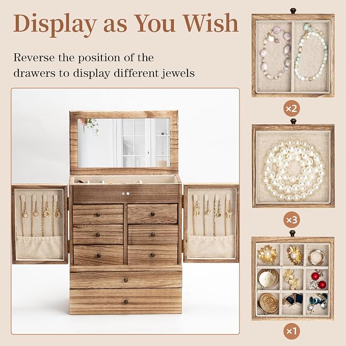 Emfogo Jewelry Box for Women Wooden Jewelry Boxes & Organizers 5-Layer Rustic Large Jewelry Organizer Box with Mirror & 8 Drawers for Rings Earrings Necklaces Bracelets Women Girls Gifts - Image 5