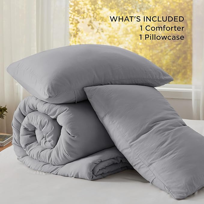 Bedsure Twin/Twin XL Comforter Set, Grey Soft Prewashed Bedding for All Seasons, 2 Pieces GentleSoft™ Bed Set, 1 Lightweight Comforter (68"x88") and 1 Pillowcase (20"x26")