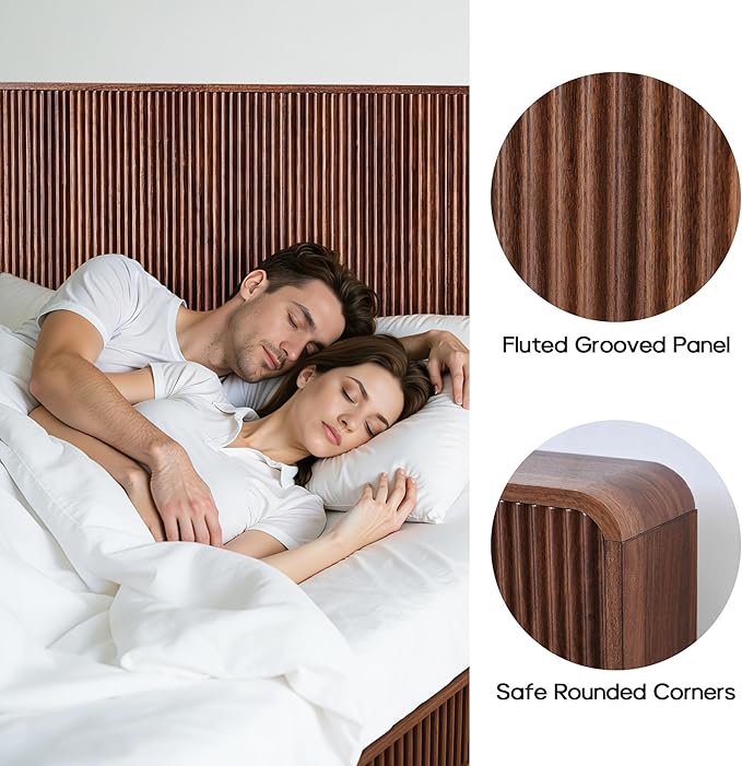 AVZEAR Wood Fluted Headboard King Size, Mid Century Modern King Headboard Only, Wall Mounted Headboard with 2 Outlets and USB & Type C Port, Curved Wooden Bed Headboards, Stylish Bedroom Decor, Walnut