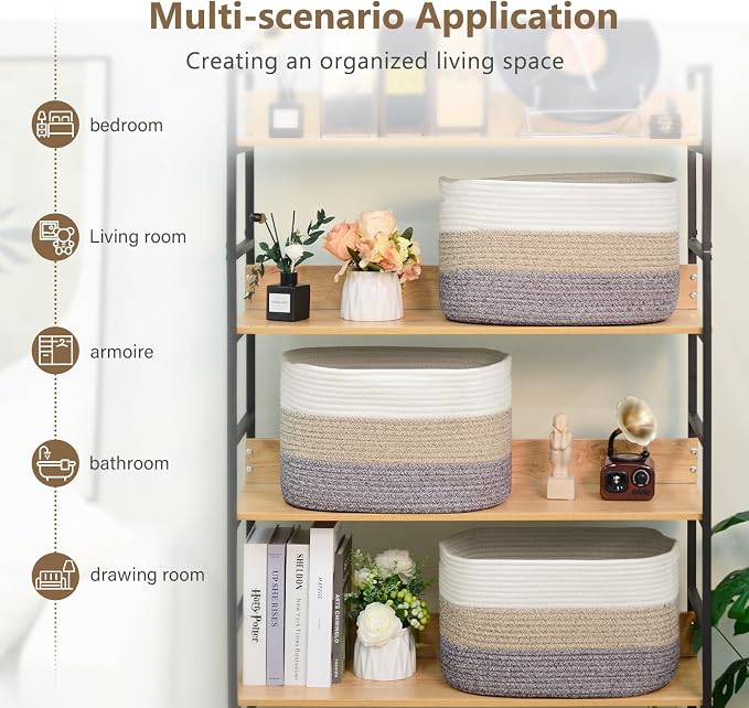 ECDYQXVU Cotton Rope Storage Basket, 15x10x9 Inches, Woven Basket for Shelves, Clothes, Towels, Books, and Laundry, White Brown (2 Pack) - Image 7