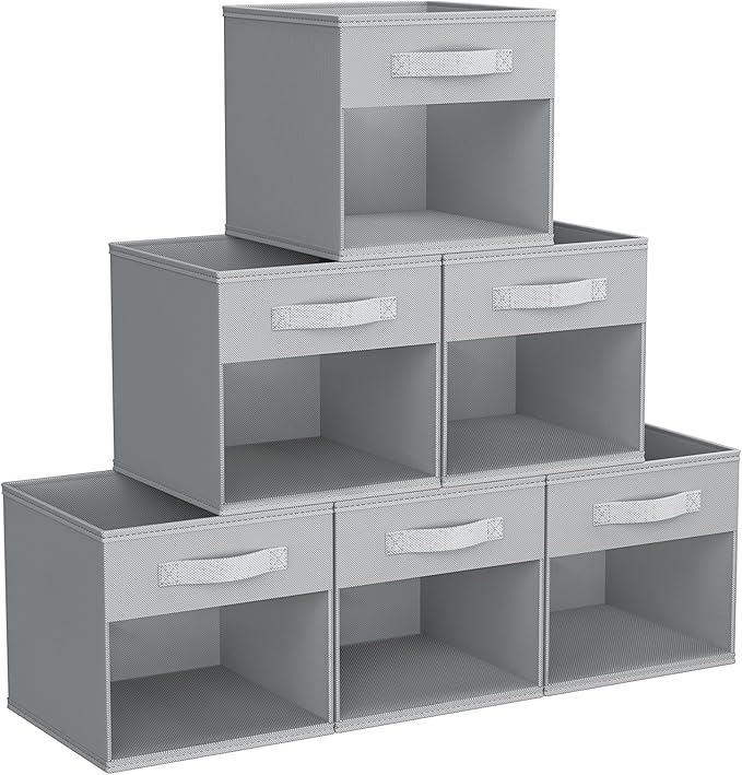 DIMJ Storage Cubes, 11x 11 inch Cube Storage Bin, 6 Pack Closet organizers and storage Bins with Window, Collapsible Baskets with Handle for Shelves, Clothes, Toys, Books (Grey) by DiMJ