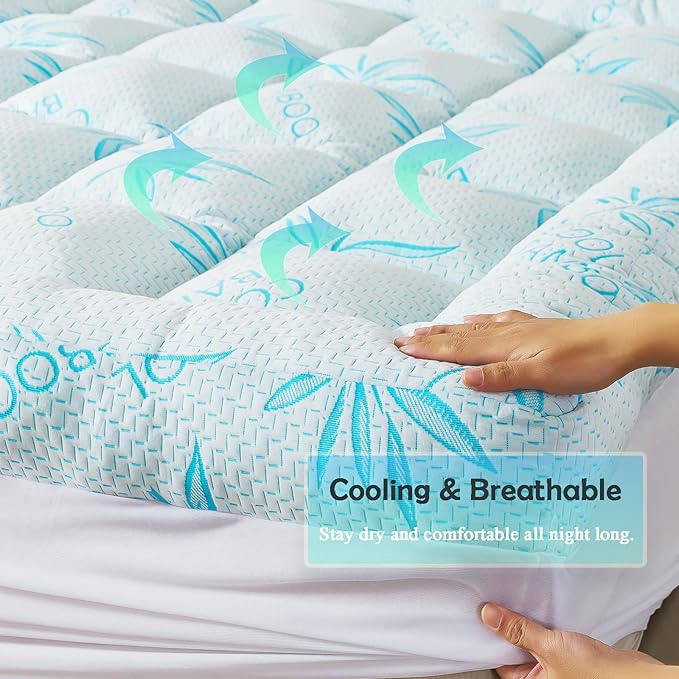 WhatsBedding 5 Inch King Mattress Topper Breathable Bamboo Viscose Air Layer,Memory Foam Mattress Topper King Size Blue.