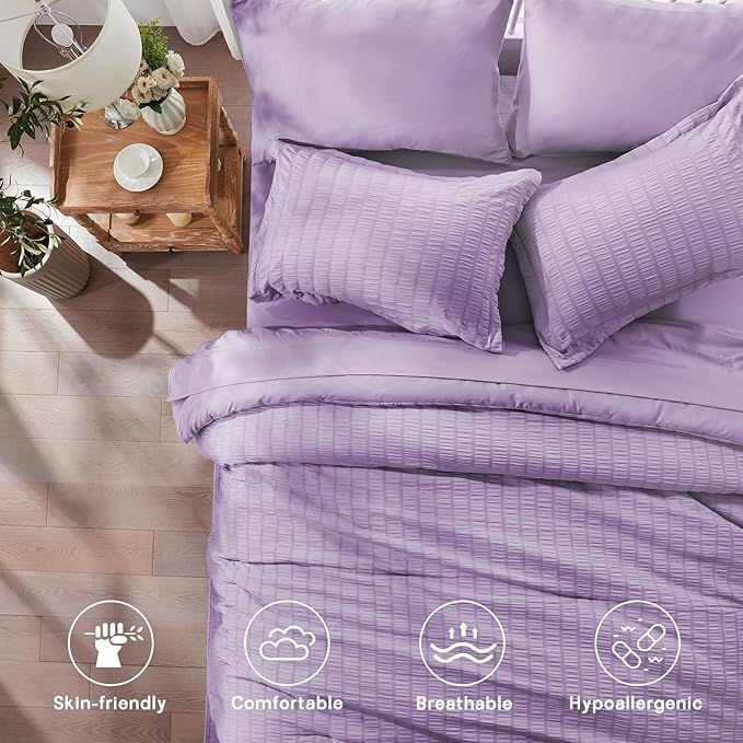 Zzlpp Twin Comforter Set 5 Pieces, Light Purple Seersucker Bed in a Bag with Comforter and Pillowcase, All Season Bedding Sets with 1 Comforter, 1 Pillow Sham, 1 Flat Sheet, 1 Fitted Sheet