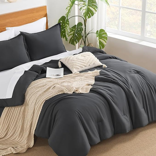 Andency Dark Grey California King Comforter Set - 7 Pieces Gray Cal King Bedding Comforter Sets, Summer Plain Soft Lightweight Comforter with Fitted Sheets, Flat Sheets, Pillowcases & Shams