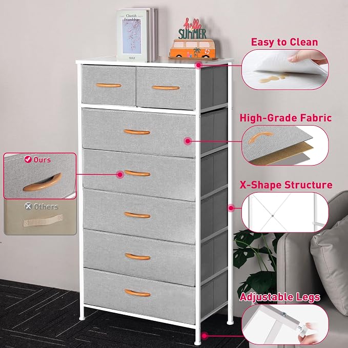 Mifuro Tall Dresser for Bedroom, Vertical Storage Organizer Tower with 7 Drawers, Chest of Drawers with Fabric Bins, Steel Frame, Wood Top for Bedroom, Closet, Entryway- Light Grey - Image 8