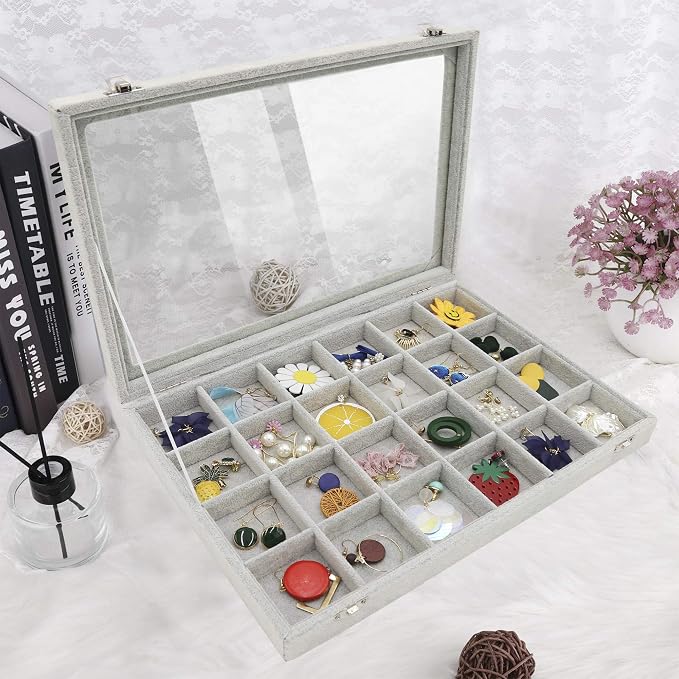 Stratalife Velvet Jewelry Organizer 24 Grid Jewelry Tray with Clear Glass Lid Display Showcase Storage Organizer Box for Earring Necklace Rings Dice Gray (24 Grids) - Image 4