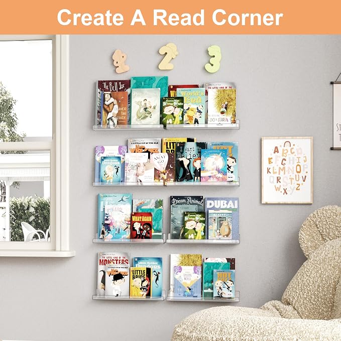 upsimples 16 Pack Acrylic Shelves for Wall Storage, 15" Floating Bookshelves for Kids, Display Shelf Organizer for Bathroom, Bedroom, Living Room, Kitchen, Room Decor, Clear - Image 6
