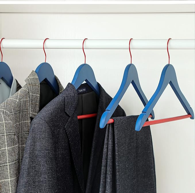 TOPIA HANGER Premium Wooden Hangers with Non-Slip Pant Bar, 360°Swivel Hook and Shoulder Notches, 16 Pack Solid Wood Clothes Hangers for Suit, Coat, Jacket, Camisole(Blue/Red)-CT35BR2 - Image 6