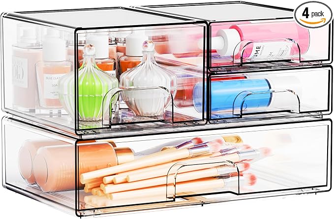 Yieach 4 Pack Clear Stackable Storage Drawers,Pull-Out Medicine Cabinet Organizer and Containers,Large Acrylic Organizers Drawers and Bathroom Closet Organizers for Hair Accessories,Makeup Organizer by Yieach