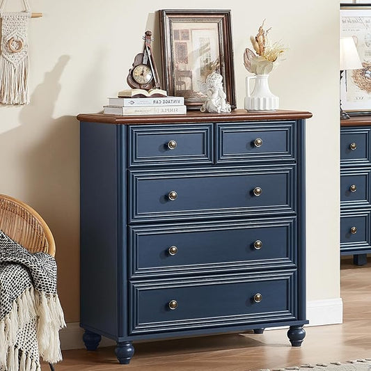 RWYHG Farmhouse 5 Drawer Dresser, Blue Rustic Chest of Drawers, 35.5" Tall Small Dressers for Bedroom with Roman Column and Metal Handles,Wood Storage Organizer for Living Room, Hallway, Closet