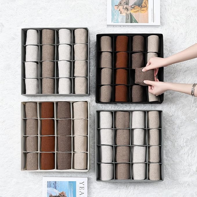 Joyoldelf Sock Drawer Organizer Divider Underwear Organizer 16-cell Fabric Dresser Drawer Organizers Storage Boxes for Socks Lingerie, Handkerchiefs, Ties 4 Pack (Beige) - Image 3