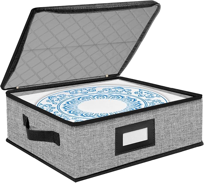 Quilted Platter Storage Case-Fine China Storage Containers Hard Shell for Organizing,Stackable Plate Storage Containers with 4 Felt Dividers,dinnerware Storage,Moving Box,Moving Supplies by OURUER