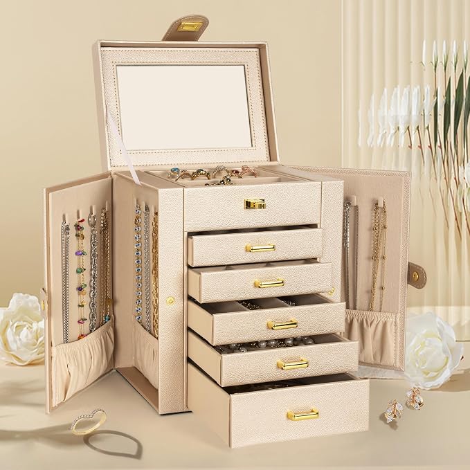 AKOZLIN 6-Tier Jewelry Box Organizer Functional Leather Jewelry Storage Case for Women Girls Ring Necklace Earring Bracelet Holder Organizer with Mirror - Image 2
