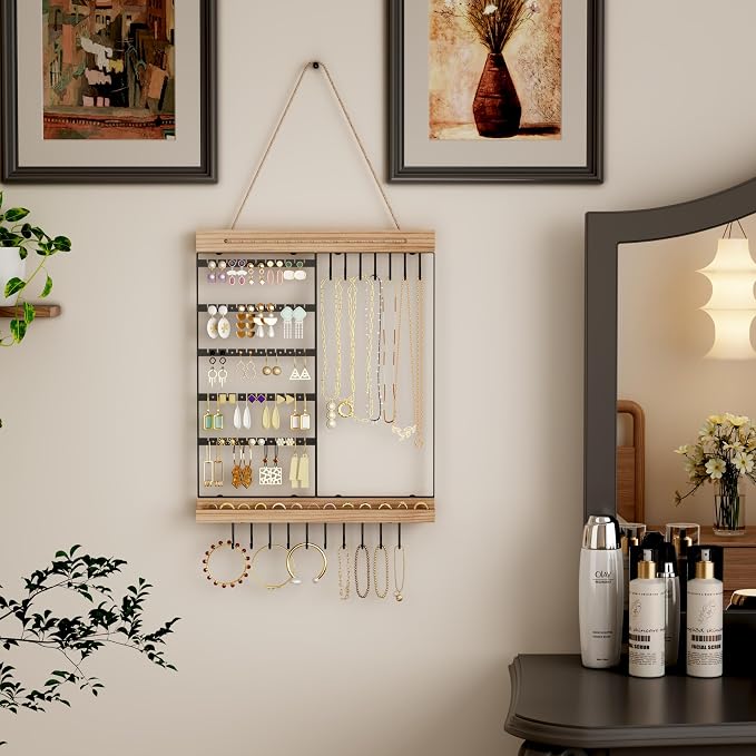 Feyejade Hanging Jewelry Organizer, 5-Tier Wall Earring Holder with Wooden Ring Groove, Jewelry Rack Wall Mounted for Earrings, Necklaces, Bracelets and Rings, Jewelry Holder Stand, Black - Image 9