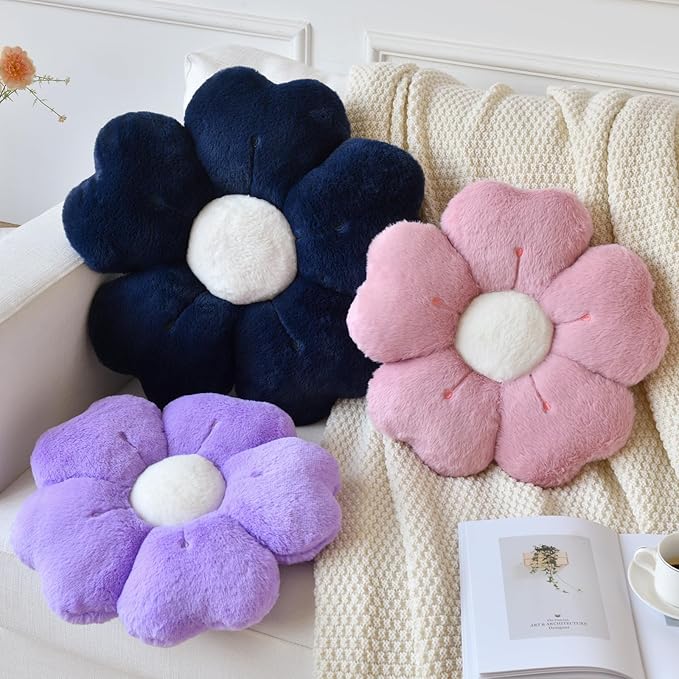 Flower Pillow, Flower Shaped Pillow Decorative Throw Pillows for Bed Couch, Cute Daisy Pillow Dorm Decor Floor Seating Cushion (Dark Purple, 19.6 Inches)