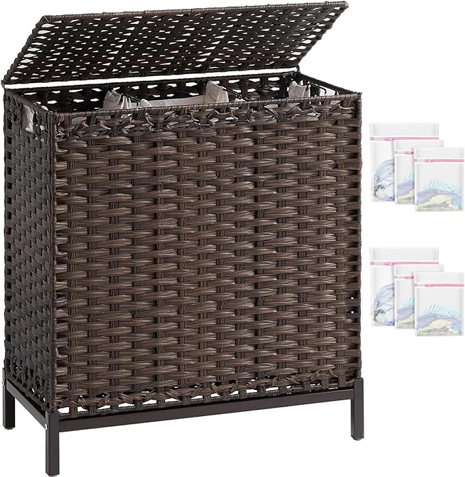 SETVSON Laundry Hamper with Lid 132 L, (35 Gallons) Clothes Hamper with Lid, Handwoven Rattan Laundry Hamper with Metal Heightened Feet, Laundry Hampers with 3 Removable Liner Bags for Laundry-Brown by SETVSON
