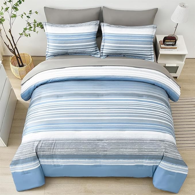 KAKIJUMN 5 Piece Bed in a Bag Stripe Comforter Set Twin Size, White Grey Blue Striped Comforter and Sheet Set, All Season Soft Microfiber Complete Bedding Set(Light Blue,Twin)