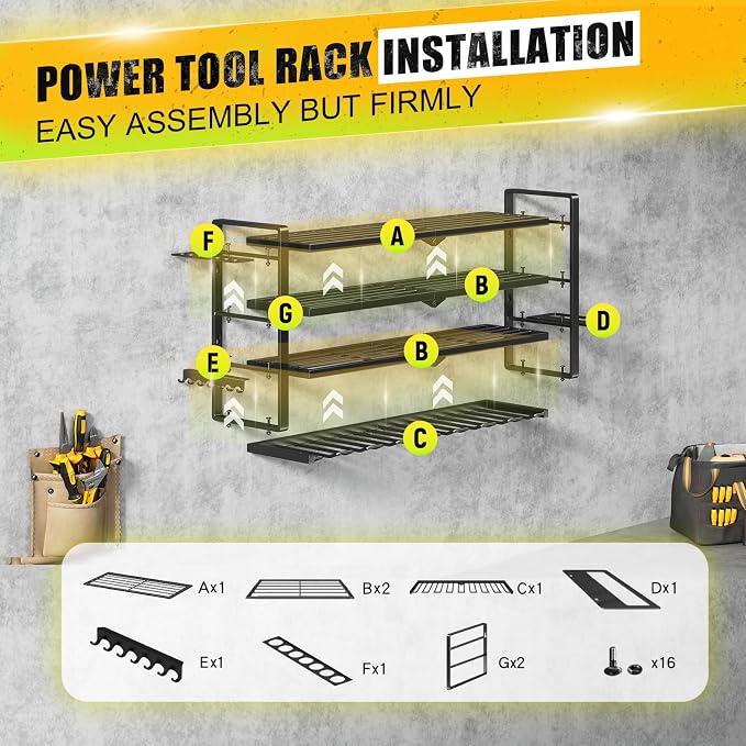 Hipidian Power Tool Organizer Wall Mount - Storage Rack with 4 Drill Holders for Drills Cordless Tools. Heavy Duty Iron Garage Tool Organizer Storage for Workshop Shed (8 Slots 4 Layers) - Image 2