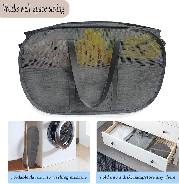 Extra Large Mesh Pop Up Laundry Hamper 2 Pack,100L Collapsible Laundry Baskets, Dirty Clothes Hamper with Reinforced Handles, Folding Hampers for Travel, Nursery, Dorm or Home. Black - Image 5