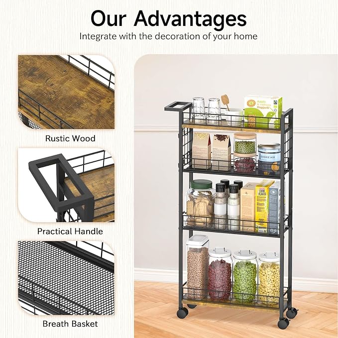 LASZOLA Slim Storage Cart with Wheels, 4 Tier Mobile Narrow Shelving Unit Organizer Utility Cart with Handle, Skinny Rolling Trolley for Small Space Kitchen Bathroom Laundry, Black and Rustic Brown - Image 5
