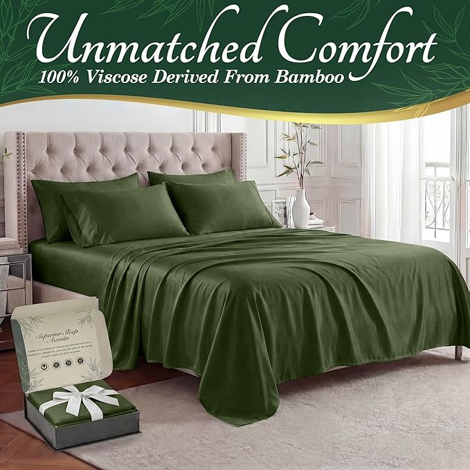 DECOLURE 100% Viscose Derived from Bamboo Sheets Queen Size - Luxury 6 Pc Naturally Cooling Sheets, Ultra Soft Bed Set - Deep 17" Pockets, Durable Double Stitching, Oeko Tex Standard (Olive)