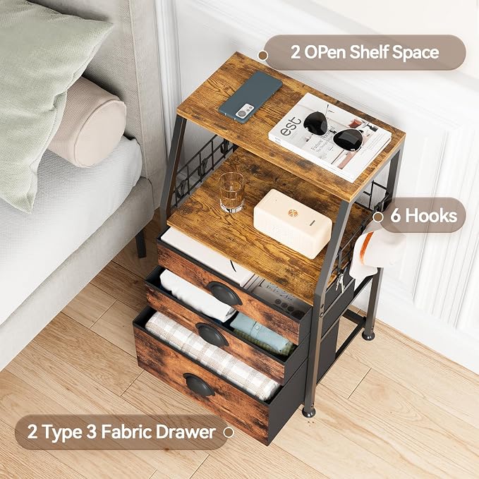 LASZOLA 3 Fabric Drawers Organizer Tower with 6 Hooks and 2 Shelves, Small End Side Table for Printer with Chest of Files Drawers, Ideal for Bedroom Living Room Office Dorm Under Desk, Rustic Bronze - Image 5