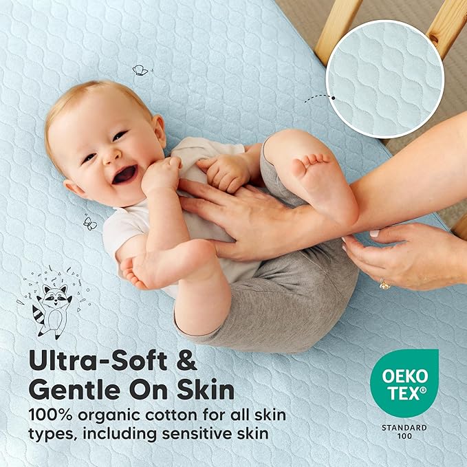 2-Pack Waterproof Crib Mattress Protector Cover Fitted - Quiet Baby Crib Mattress Pad Sheets, 52" x 28" Soft Quilted Cotton Baby Sheet, Machine Washable, Easy Fit, Durable (Frost/Mavy)