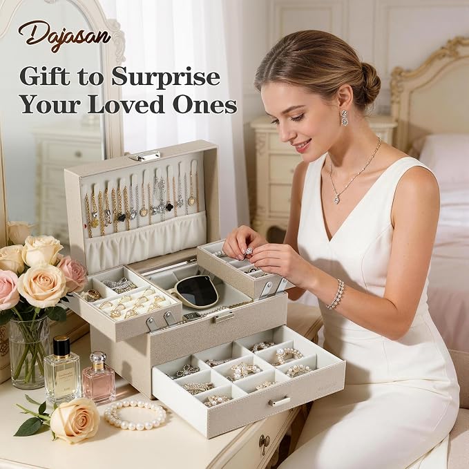 Dajasan Jewelry Organizer Box, Large Jewelry Boxes for Women Girls, Space-Saving 3 Layers Jewelry Storage Case with Drawer, Movable Metal Stand, Modern, Gift Idea (Champagne) - Image 7