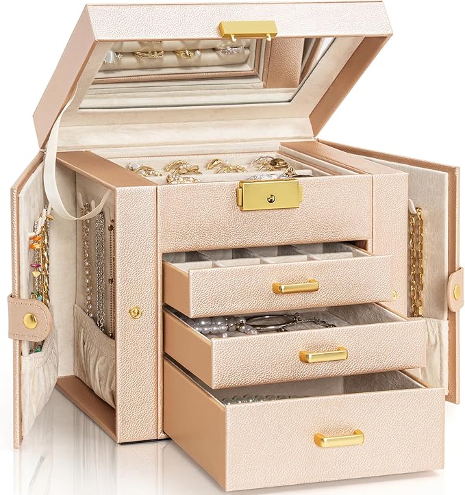 AKOZLIN 4-Tier Jewelry Box Leather Jewelry Storage Organizer with 3 Drawers Lockable for Women Girls Ring Necklace Earring Bracelet Holder with Mirror Champagne by AKOZLIN