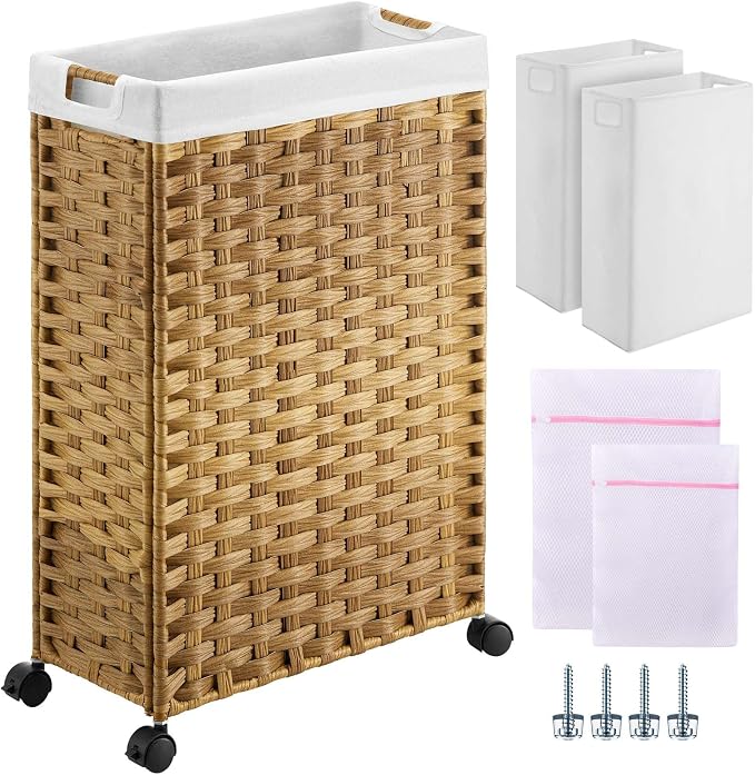 Greenstell Laundry Hamper with Wheels, 11.9 Gallon (45L) Small Clothes Hamper with 2 Removable Liner Bags & 2 Mesh Bags, Slim Rattan Laundry Basket for Bathroom, Bedroom, Natural by Greenstell