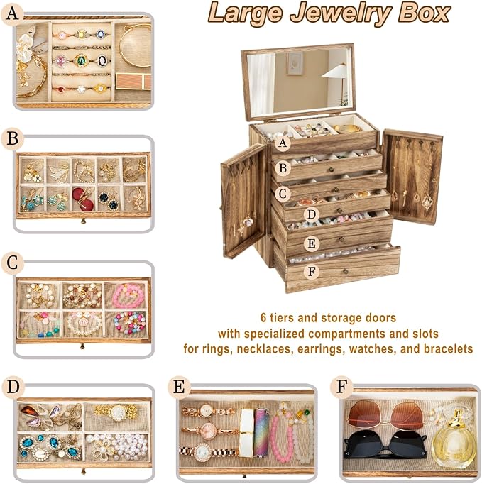 Emfogo Wooden Jewelry Box for Women, 6-Tier Large Jewelry Organizer Boxes with Mirror Rustic Solid Wood jewlery Storage Display for Rings Earrings Necklaces Bracelets watches(Carbonized Black) - Image 4